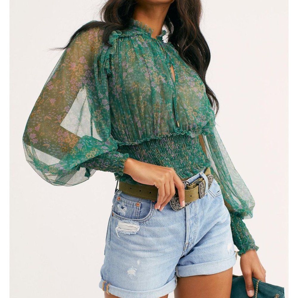 Free People Women's Green Print Top